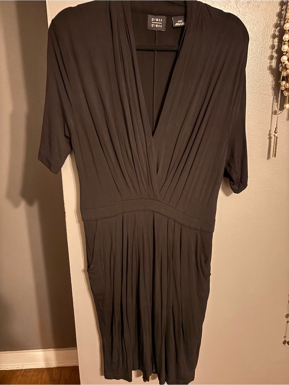 Press Dress Black V-Neck Gathered Waist Dress